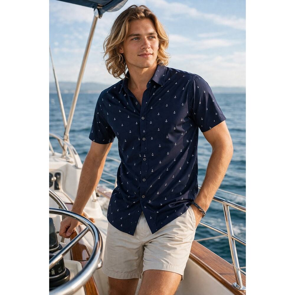 NWT Cactus Man Navy Anchor Shirt Mens Small Nautical Short Sleeve Button Down